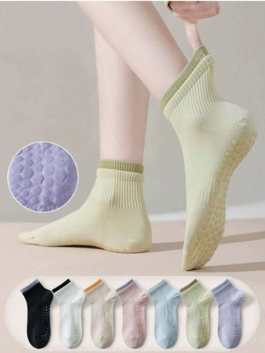 2/4/6 Pairs Women Yoga Pilates Sports Colorblock Non-Slip Ankle Socks, Breathable Fitness Ballet Indoor Barefoot Socks, Suitable For Spring & Autumn - Multicolor - View 1