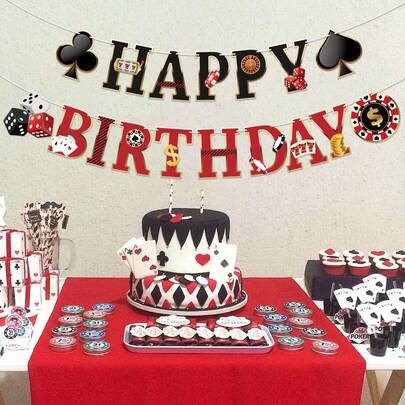 1set,Casino Themed Happy Birthday DIY String Banner, Poker Dice Roulette Game Party Decorations, Las Vegas Style Bunting Garland For Casino Night, Birthday Party, Game Night Supplies,Happy Birthday Letter Bunting With Poker Card, Dice, Roulette Wheel, 777 Slot Machine Cutouts For Las Vegas Casino Night, Poker Party & Birthday Decor