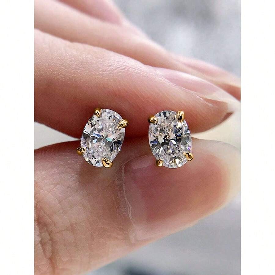 1 Pair Elegant Cubic Zirconia Stud Earrings, Suitable For Women, Ideal For Weddings, Engagements, Anniversaries, Parties, Valentine's Day, Also A Great Gift For Mothers, Mother's Day - 金黃色 - 查看 1