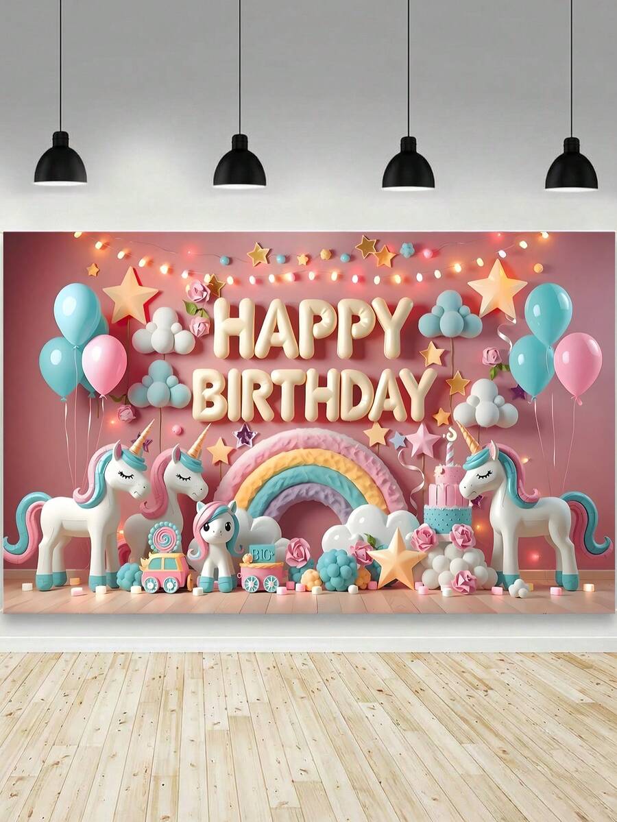 1件彩色独角兽生日横幅 - 生日快乐背景幕布，配有气球、彩虹和星星图案，无需用电，耐用涤纶材质，适用于入口、房间、花园、派对拍照背景，也是女孩的生日礼物。 - 生日背景布 - 查看 1