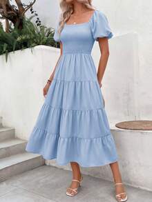Women's Casual Summer Midi Dress With Puff Short Sleeves, Square Neck, Smocked Waist And Tiered Ruffle Hem. - 淺藍色 - 查看 6