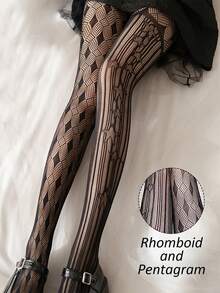 单条装不对称条纹菱形网眼连裤袜，个性化几何拼接网眼长袜，必备塑身连裤袜 - 黑色 - 查看 1