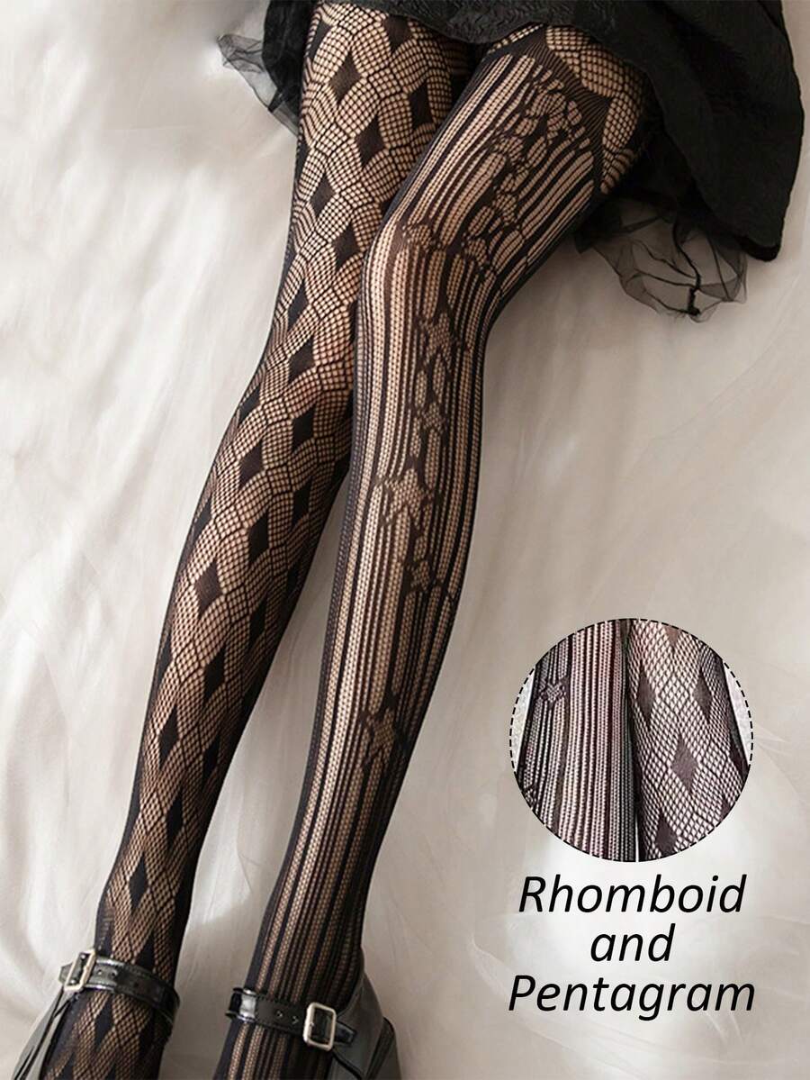 单条装不对称条纹菱形网眼连裤袜，个性化几何拼接网眼长袜，必备塑身连裤袜 - 黑色 - 查看 1