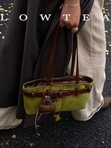 1pc Low Tea Solid Color Suede Fabric Shoulder Bag, Women's Retro Fashion Square Shoulder Bag With Top Double Handles, Zipper Closure, Suitable For Travel, Shopping, Dating, Women's Gift, Great For Commuting, Outdoor, Travel, Hiking , Green - màu xanh lá - Xem 5