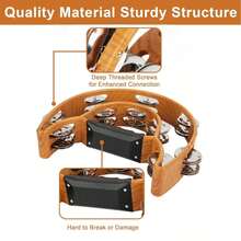 Tambourine Double Row Metal Jingles Hand Held Percussion Half-Moon Tambourines Musical Instrument Gifts For Adults, Party - Natural Wood Color - View 2