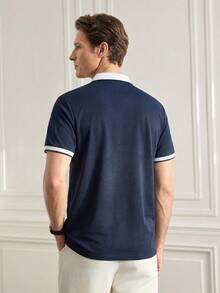 Officeau Herren Einfarbiges Patchwork Poloshirt mit Knopfleiste vorne, einfach und lässig - Blau - Übersicht 2