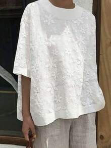 Plus Size Women Short Sleeve Blouse With Floral Embroidery Design, Comfortable Daily Wear White Summer - White - View 1