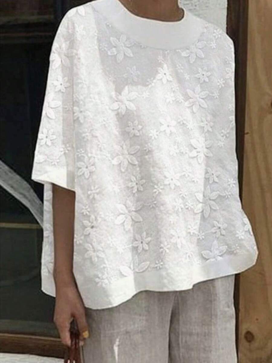Plus Size Women Short Sleeve Blouse With Floral Embroidery Design, Comfortable Daily Wear White Summer - White - View 1