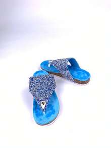 2026 New Spring/Summer Blue Rhinestone Flip Flops, Women's Soft Wood Bottom Thong Sandals, Bling Bling Rhinestone Slippers, Fashionable Outdoor Soft Bottom Beach Shoes, Comfortable Plush Lining Non-Abrasive Plus Size, Shock-Absorbing Thick Bottom, Suitable For Commuting, Home, Beach Vacation, Versatile Casual Sandals - Blue - View 2
