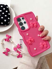 1个亮粉色酷女孩风蝴蝶结珍珠防震手机壳，配同款蝴蝶结珍珠腕带，防震、防滑、防刮，兼容三星S20-S25系列、Note 14/13/12系列及A56 5G，完美的情人节/新年礼物 - 玫紅色 - 查看 1
