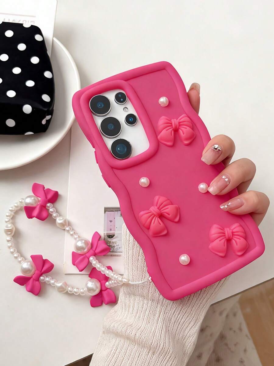 1个亮粉色酷女孩风蝴蝶结珍珠防震手机壳，配同款蝴蝶结珍珠腕带，防震、防滑、防刮，兼容三星S20-S25系列、Note 14/13/12系列及A56 5G，完美的情人节/新年礼物 - 玫紅色 - 查看 1