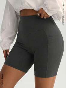 Große Größen "Niedliches Kaffee-Date" High-Waist-Shorts - Bauchkontrolle, Vintage-Fitness-Shorts mit Taschen - Po-Anhebung, geeignet für Laufen/Yoga-Sport - Dunkelgrau - Übersicht 2