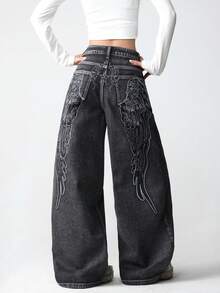 1 chiếc quần jeans nữ ống rộng thoải mái kiểu retro đường phố Mỹ, thêu hình cánh chim, thời trang thường ngày, phù hợp cho mọi mùa (Không bao gồm thắt lưng/phụ kiện) Màu đen mùa xuân - màu đen - Xem 7