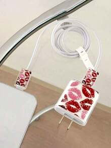 4件套红色嘴唇图案充电器及数据线保护套，兼容 18/20/14 Pro，TPU软壳 - 彩色 - 查看 2