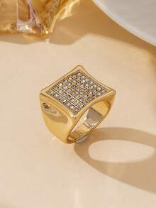 1 pieza Anillo cuadrado geométrico brillante de moda, diseño versátil para mujer - Dorado - Ver 3