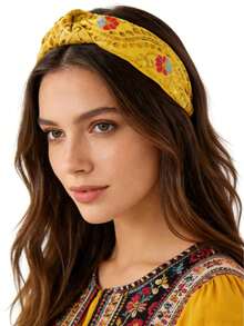1pc New Wide Knotted Headband, Retro Palace Style Fashion Embroidered Fabric Headband For Women Travel Accessories Hair Band Diadema Hair Hoop - Multicolor - View 3