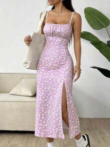 Daisy Print Short Strappy Dress With Slit - Sweet And Sexy Style For Spring Summer - Coral Pink - View 3