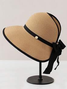 2026新款宽檐防晒草帽，女士款，夏季度假，沙滩休闲，敞口设计，可折叠，带蝴蝶结帽 - 彩色 - 查看 11