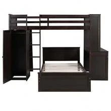 MERAX Twin Size Loft Bed With A Stand-Alone Bed, Shelves,Desk,And Wardrobe - 棕色 - 查看 5