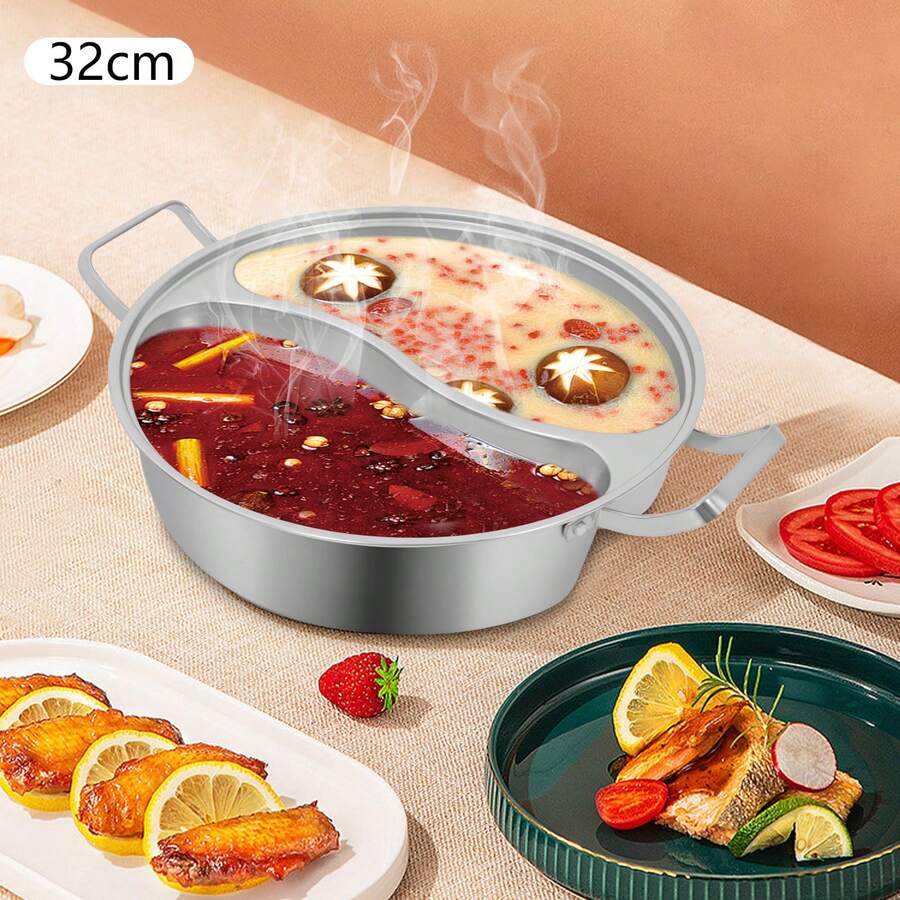 32 Cm Hot Pot With Divider And Lid, Shabu Shabu Hot Pots 304 Stainless Steel Chinese Dual Sided Pot Set For Induction Cooktop Gas Stove Dual Sided Soup Cookware, Chinese Induction Shabu Pot - View 1