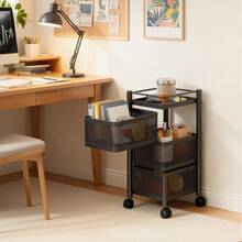 3-Tier Square Rotating Storage RackNo Assembly Required, Suitable For Office Organization. Mobile Multi-Layer Shelf With Wheels, Ideal For Book Organization And Independent Storage Baskets - 查看 2