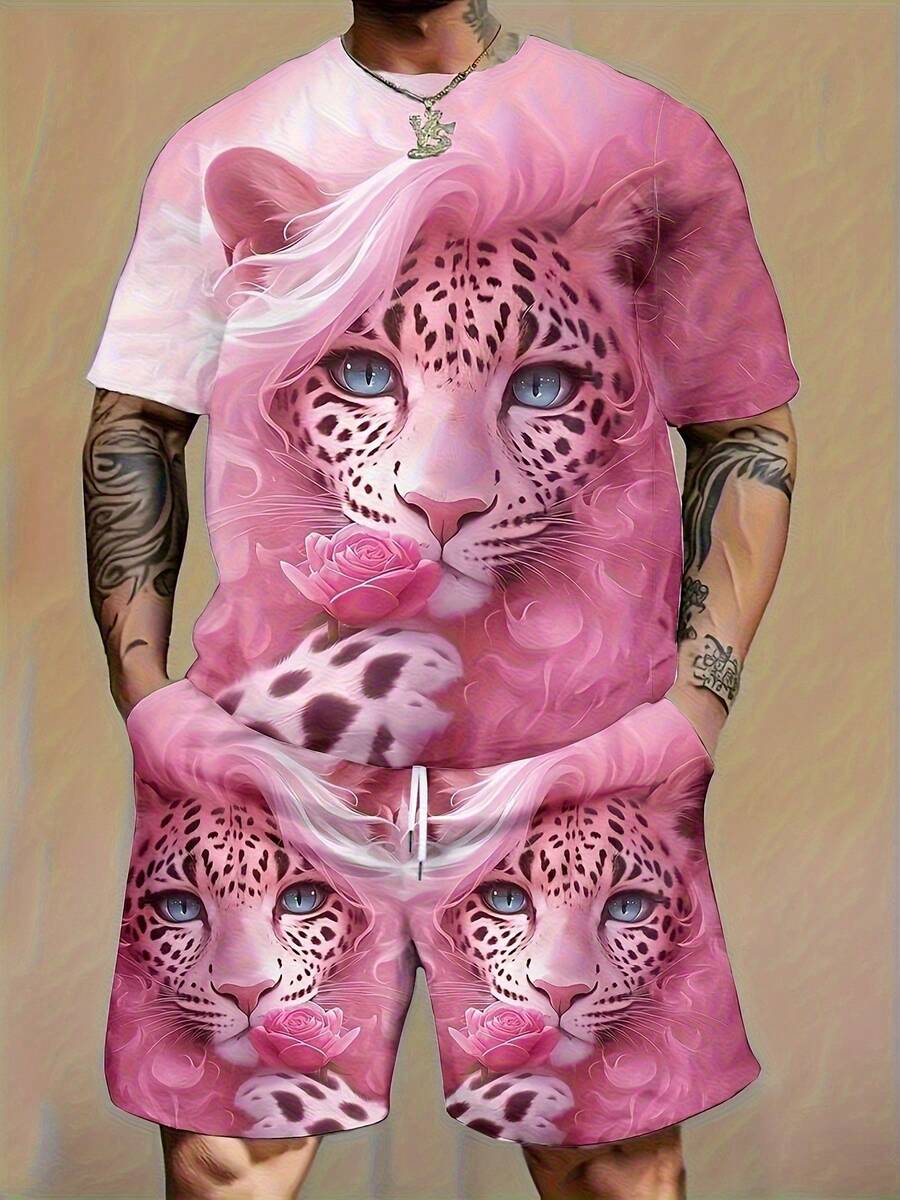 Men's Oversized T-Shirt And Shorts Set With Three-Dimensional Print, Made Of Fiber Material. Suitable For Summer Sports, Can Also Be Used As A Party Or Travel Gift. Machine Washable, Extra Large Size - 花色 - 查看 1