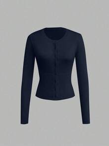 Petite Women's Casual Fashion Navy Blue Round Neck Long Sleeve Waist Fitted Knit Cardigan, Spring/Autumn - 藏蓝色 - 查看 5