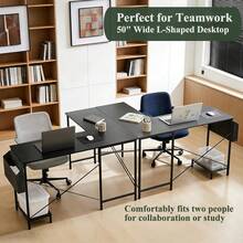 L Shaped Desk, 50-Inch Office Computer Gaming Desks Corner PC Table With Side Bag And Reversible Shelf For Home Work Study Writing Black - 黑色 - 查看 7