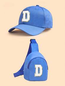 2 piezas Conjunto de gorra de béisbol con 26 letras y bolso bandolera para niños, gorra de sol azul ajustable + bolso de pecho casual, adecuado para uso diario - Azul - Ver 21
