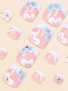 24片方形假脚趾甲套装，清新春夏风格，蓝白花卉图案，闪亮银色水钻，简约白色条纹，裸粉色底色，全覆盖式脚趾甲贴纸，适合女性和女孩，包含1张粘合膜和1条迷你甲贴，随机发货 - 彩色 - 查看 4