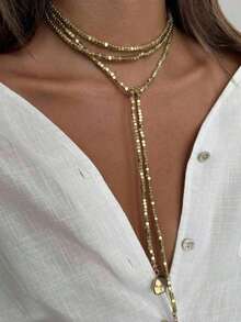1件奢华闪亮高品质CCB仿珍珠女士长项链，个性化金属圆盘流苏吊坠项链，适合女士派对、送礼和日常佩戴 - 金色 - 查看 6
