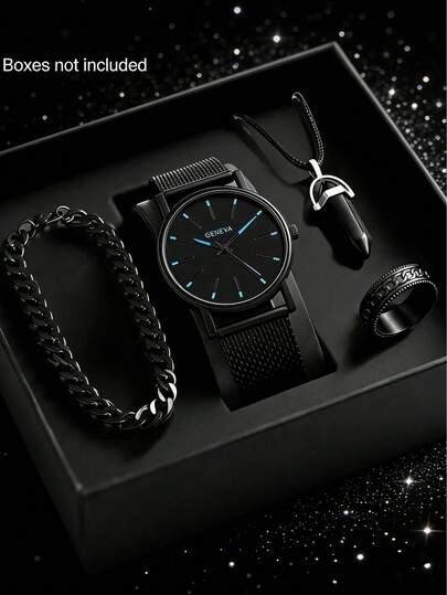 Bộ 4/1 chiếc đồng hồ nam công sở tối giản, máy quartz, có kim chỉ giờ, thích hợp đeo khi đi dự tiệc, du lịch, phối cùng vòng tay, dây chuyền, nhẫn. Cũng là món quà lý tưởng cho bạn bè/gia đình vào các dịp như Ngày của Mẹ, Ngày của Cha, mùa tựu trường, các ngày lễ.