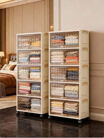 1pc 40cm/50cm Wide Foldable Plastic Storage Cabinet, 1-6 Tier Flip-Top Storage Cabinet, Thickened PP Rolling Storage Cabinet, Multi-Layer Cabinet For Living Room Toys And Snacks, Clothes Storage Cabinet, Home Dustproof Shelf, Household Storage Rack