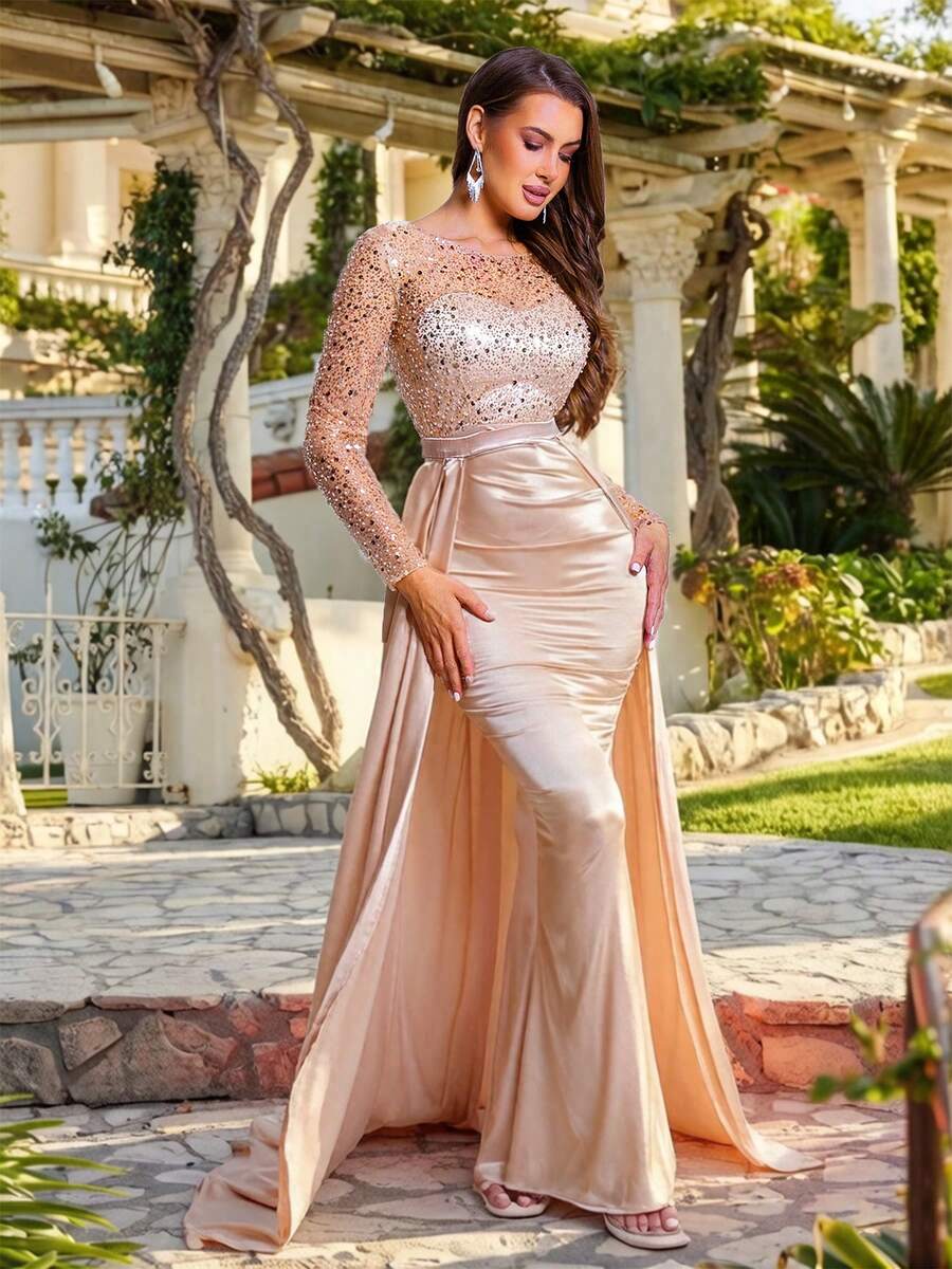 Romagic Váy phù dâu thanh lịch ôm sát, thiết kế đính sequin và xếp lớp, dáng dài. - Rượu sâm banh - Xem 1