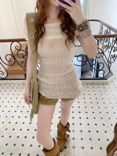 Women's Off-Shoulder Hollow-Out Knit Cover Up, Soft & Sweet Streetwear Style Sleeveless Fitted Sheer Solid Color Ivory Cover Up Sweater, Suitable For Summer Outings, Dates, Daily Wear, Music Festivals, Punk Style