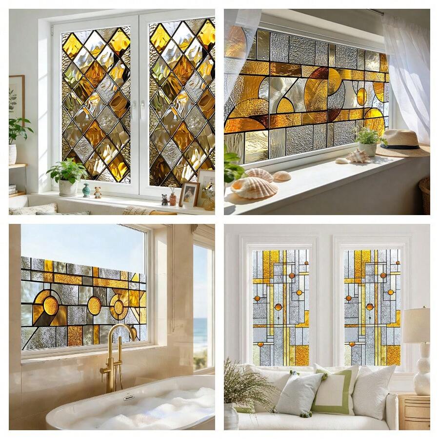 1/4 miếng phim dán cửa sổ tĩnh điện họa tiết hình học vàng, kiểu khảm kính màu, bảo vệ sự riêng tư, có thể tái sử dụng, tháo rời, không dính, làm bằng PVC cho phòng tắm, nhà bếp, phòng ngủ.
