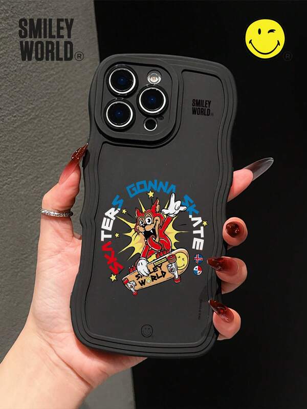 1 pieza Funda de teléfono de material TPU con absorción de impactos y cobertura total, con diseño de tabla de skate y letras de cachorro SmileyWorld®, impresión UV, compatible con las series Apple 11/12/13/14/15/16/17 Pro Max, adecuado para regalos festivos, transporte y anti-caídas, muy atractivo