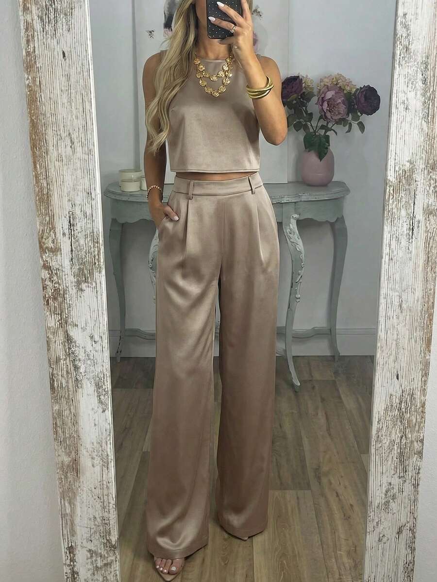 ANCHOSE 女士夏季香槟色无袖缎面上衣+宽松弹力腰长裤套装，圆领纽扣后背设计，时尚休闲日常派对度假装 - 香檳金 - 查看 1