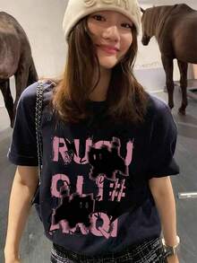 日系女式宽松休闲圆领字母卡通猫印花短袖T恤，春夏百搭 - 深藍 - 查看 4