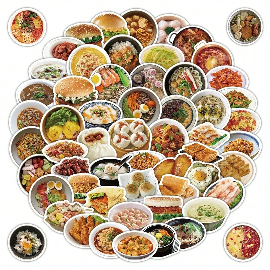 60 Peças Adesivos Realistas de Deliciosos Lanches - Enfeites Temáticos de Comida Saborosa para Artesanato DIY e Embrulho de Presentes - 60 peças - Visão 1