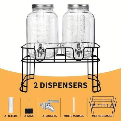 2pcs 1 Gallon Glass Beverage Dispenser With Stand Stainless Steel Spigot Leak Proof Ice Tube For Kitchen Camping Parties Halloween Christmas