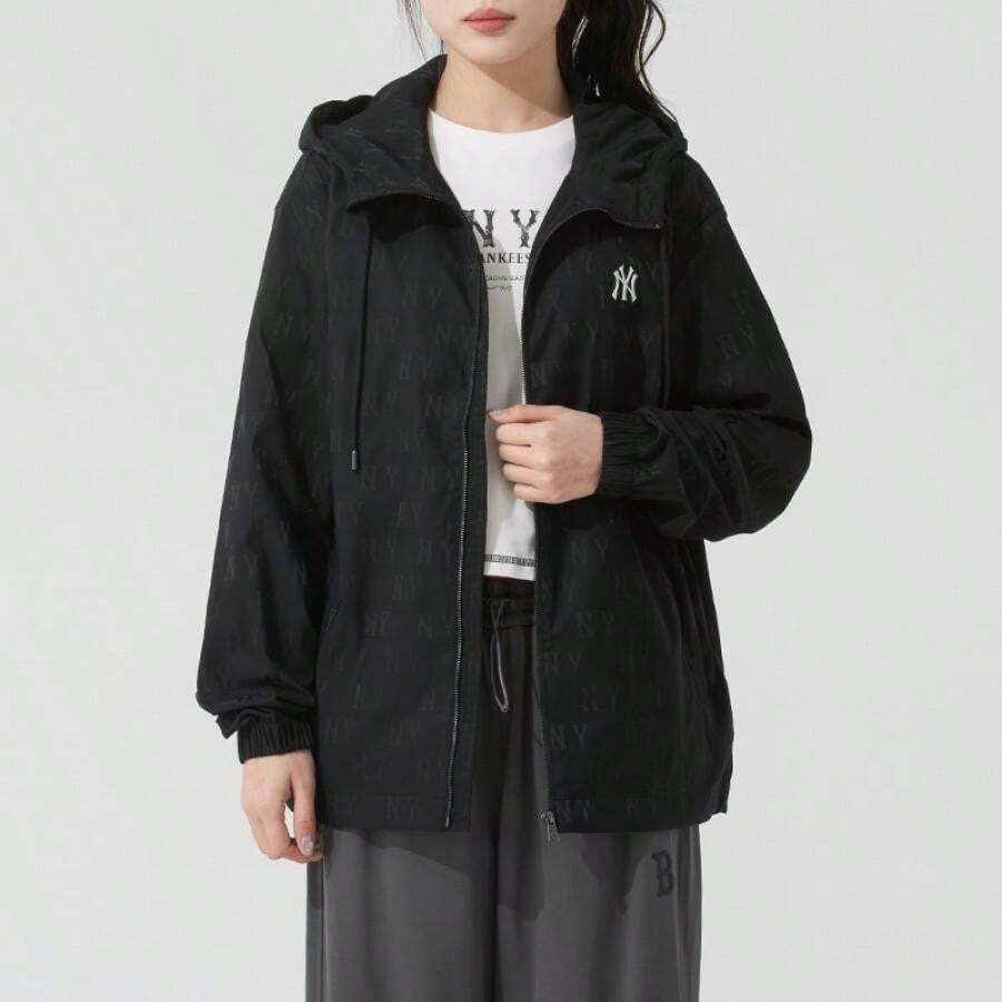 MLB Áo khoác có mũ dệt unisex, Áo khoác gió JQD họa tiết monogram cổ điển, Áo khoác ngoài thể thao tối giản, 3AWJM0453 - màu đen - Xem 1