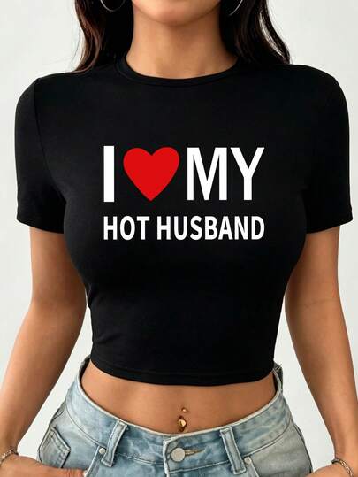 Slim-Fit Cropped Short-Sleeved T-Shirt Vest, Comfortable And Casual Short Top For Women; Comfortable "I Love My Handsome Husband" Slogan Print Casual Short-Sleeved Round Neck Polyester Blend Knit Pajamas - Suitable For All Seasons.