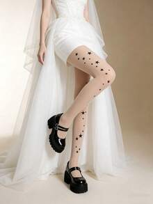 1 par de medias transparentes color piel con estampado de galaxia y estrellas, medias delgadas y antideslizantes con diseño celestial para el estilo de la temporada de bodas y Y2K - Multicolor - Ver 2