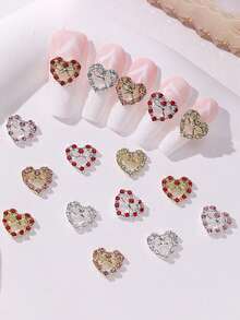 10 pièces Décorations d'art pour ongles en forme de cœur avec strass, accessoires de bijoux pour ongles scintillants et creux, décoration d'ongles avec strass 3D - Multicolore - Voir 2