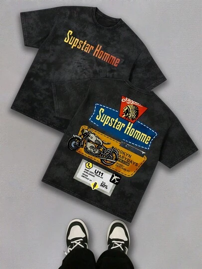 Áo thun ngắn tay màu đen bạc màu mùa hè, in chữ kiểu xe máy cổ điển, phong cách thường ngày đa năng, áo thun thể thao.