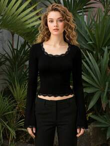 Women's Long Sleeve Slim Fit Crop Top Y2k Sexy Lace Trim Square Neck Ribbed Knit Lace Patchwork T Shirts Casual Slim Fit Bodycon Tee Layering Top - Black - View 1