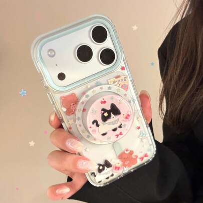 Ốp lưng từ tính viền xanh dương GUCADI hình mèo dễ thương + Giá đỡ từ tính hình mèo hồng ngôi sao, phù hợp cho iPhone 17, Giá đỡ từ tính hình mèo phù hợp cho iPhone 16, Rất thu hút phù hợp cho iPhone 13, Mẫu trong suốt phù hợp cho iPhone 17 Pro Max, Phong cách Hàn Quốc dễ thương phù hợp cho iPhone 15, Nữ tính, Hoạt hình, Dễ thương, Phối màu, Dịu dàng, Phong cách Ins