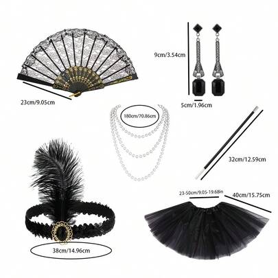 6件套1920年代优雅名媛复古扇子、手套和发饰套装 - 别致复古化装舞会手套配饰套装 - 单人派对服装及配饰4件套