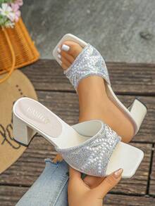 2026 Nuevas sandalias de tacón cuadrado con rhinestones para mujer, aptas para el hogar, la oficina, el aire libre, citas y vacaciones - Blanco - Ver 2